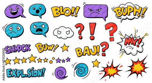 Dynamic collection of comic-style speech bubbles and expressive cartoon sound effects