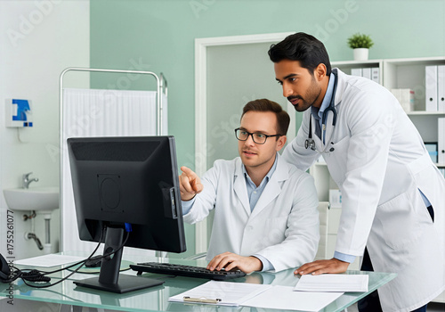 Doctors reviewing patient data on computer in clinic office, medical team consultation with stethoscope and white coats