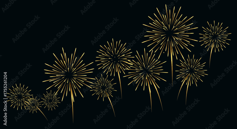 Fototapeta premium Elegant golden fireworks display on a black background creates a festive mood