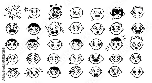 Collection of diverse cartoon facial expressions showing range of human emotions