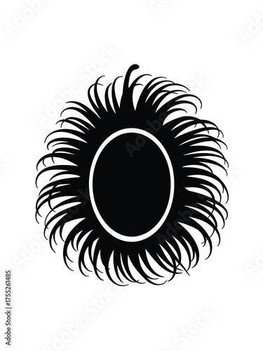 Abstract black circle surrounded by wild bushy hair texture