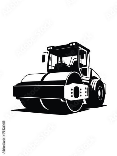 Black and white illustration of a road roller construction vehicle