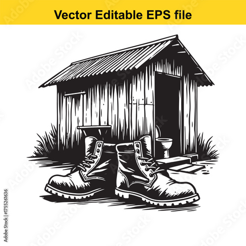 Vector art of pair of work boots in front of a rustic wooden outhouse, vector illustration