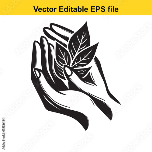 Vector art of closeup of two hands cradling a delicate plant sprout with detailed leaves, representing nurturing and environmental care