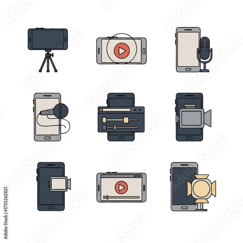 Smartphones displaying video recording and editing functions for mobile content creation in a digital age, showcasing modern technology.