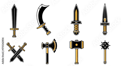 Collection of various medieval weapons, including swords, axes, and a mace.