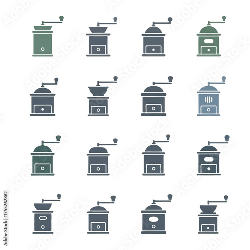 Collection of vintage coffee grinders in various styles displayed on a white surface, showcasing antique kitchenware and brewing equipment with a minimalist aesthetic.