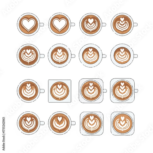 Coffee cups displaying latte art arranged in a grid pattern against a white surface, showcasing artistic beverage presentation with precision and elegance.