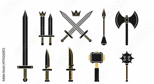 Illustration of various medieval weapons, including swords, axes, and maces.