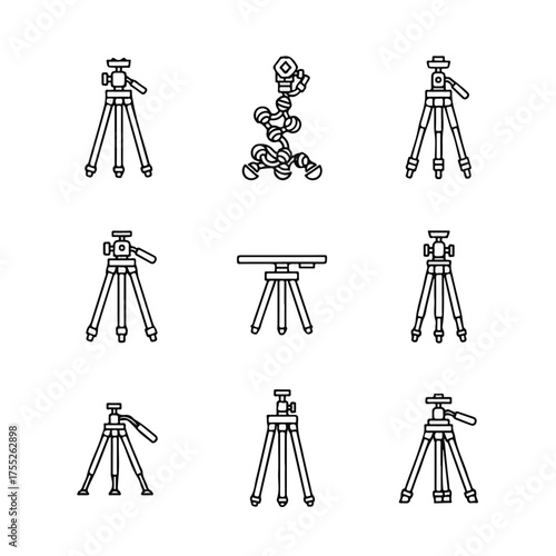 Collection of tripods displayed in various styles, showcasing equipment used in photography and videography for stability and precision in capturing images, presented in a minimalist style.
