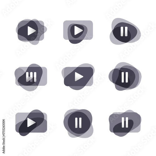 Play and pause buttons floating in abstract shapes represent media controls for user interface on white backdrop, conveying modern technology.