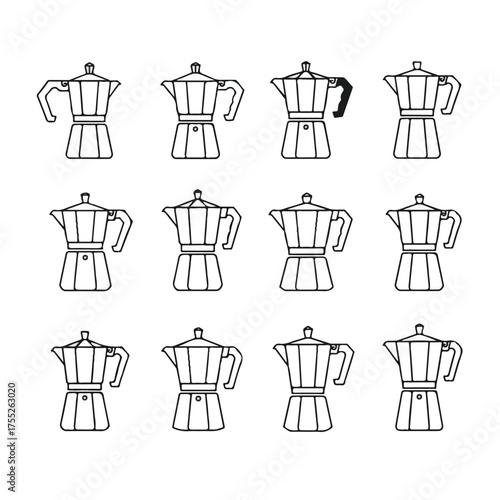 Collection of moka pots in various styles arranged neatly on white surface showcasing simple kitchenware and coffee culture.