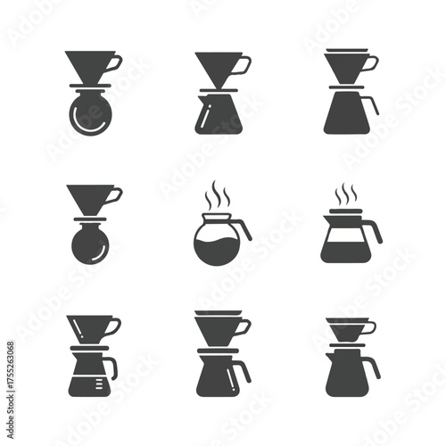 Various coffee pour over devices demonstrate brewing methods on white surface, showcasing minimalist and clean aesthetic.