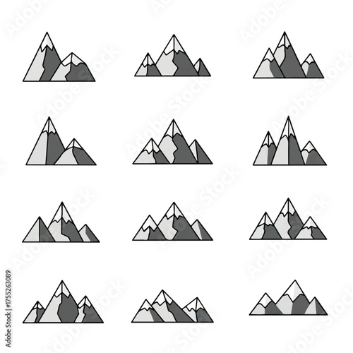 Collection of minimalist mountain range outlines arranged on white, showing different shapes and snow caps in simple style.