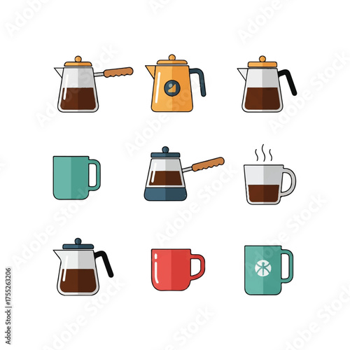 Collection of coffee pots and mugs arranged on white surface, showcasing different styles and colors for a beverage concept.