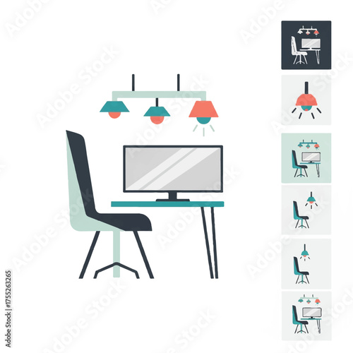 Modern workspace featuring a computer on a sleek desk with stylish lighting, creating a productive and comfortable atmosphere for work or study.