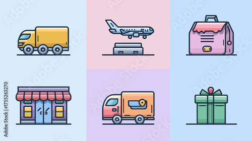 Vector Icon Set of Delivery Vehicles and Packages in Modern Flat Style with Pastel Colors