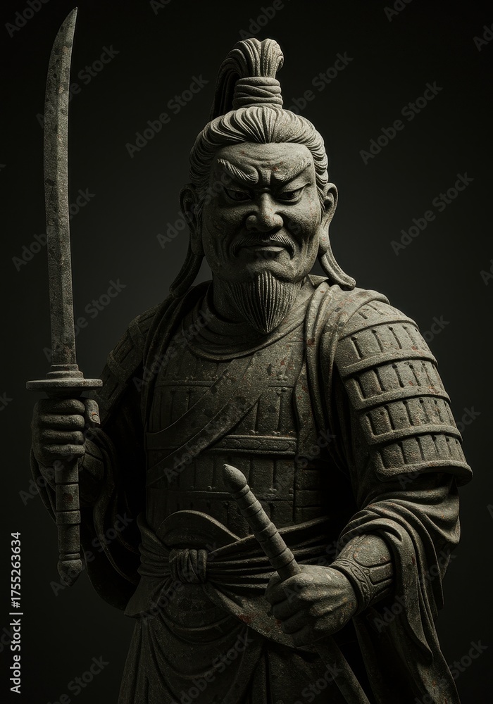 Obraz premium Warrior Statue in Armor: A stoic statue of a warrior, clad in detailed armor and holding a sword, stands as a symbol of strength and martial prowess against a simple background. 
