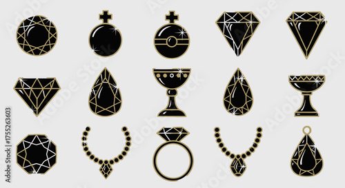 A collection of black and gold icons depicting various types of jewelry, gemstones, and royal items.