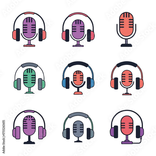 Microphones with headphones represent podcasting and audio recording in a colorful and modern style, perfect for creative projects and digital content creation.