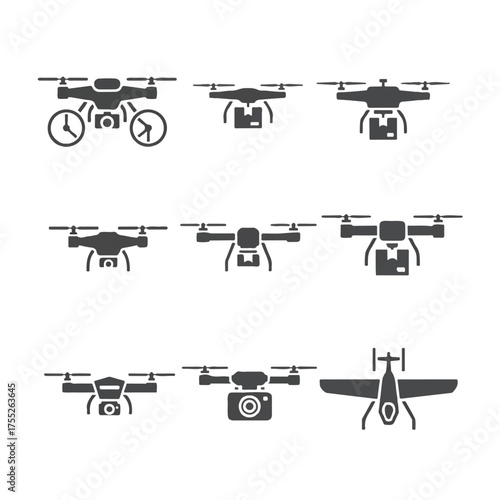 Drone silhouettes flying against plain white backdrop showcasing different models and configurations in a modern and minimalist style.