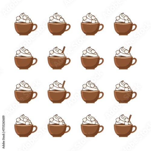 Coffee cups with whipped cream arranged in a grid pattern on a white surface, creating a visually appealing and repetitive image, perfect for a coffee shop theme.