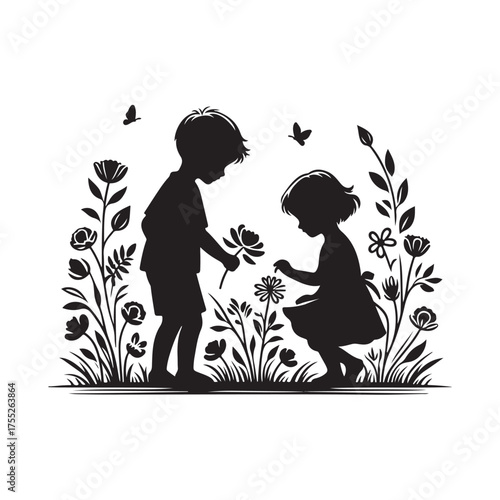 Cartoon vector illustration of a little boy playing in a flower garden in a cute and cheerful style