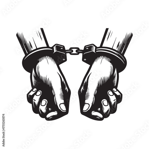 Handcuffed hands sketch vector illustration with simple and dramatic line style.