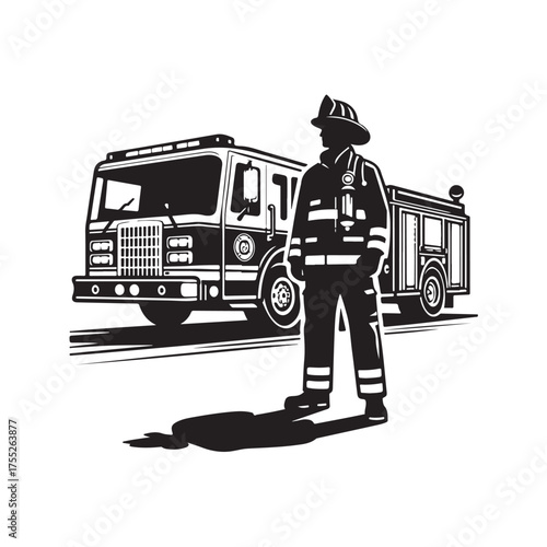 Vector illustration of a sketch of a firefighter posing in front of a fire engine in a simple and bold line style.