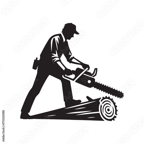 Black and white sketch of a man cutting wood with a machine, a hand drawn line style illustration showing a worker using a chainsaw