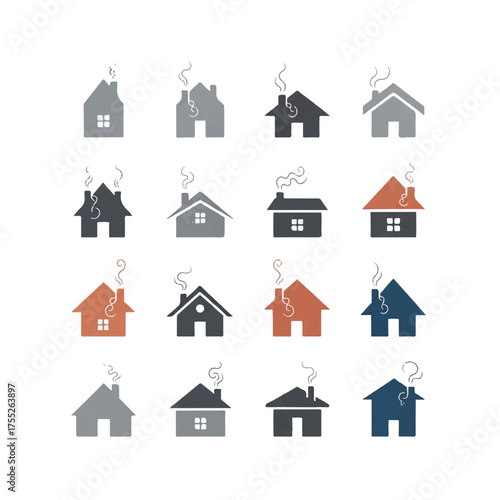 Houses with smoke rising from chimneys arranged in a grid pattern against a white backdrop create a cozy and inviting atmosphere.