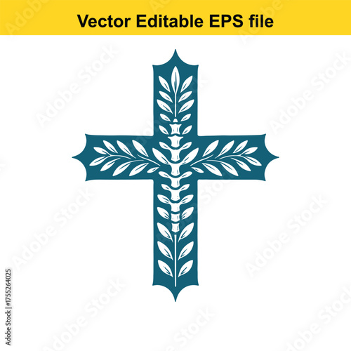 Vector art of teal cross with olive branches and spine