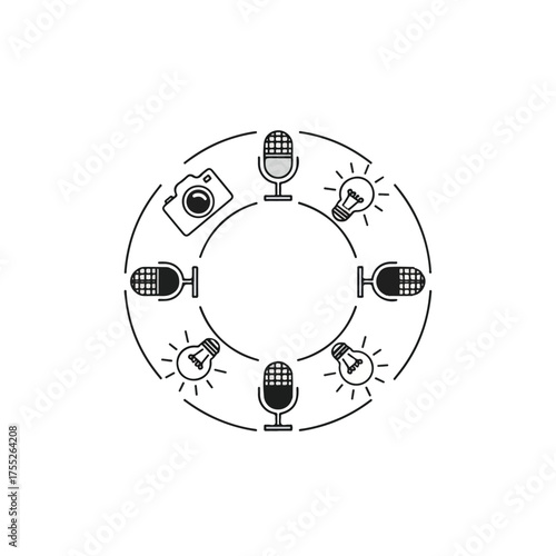 Creative elements rotating in a circle representing innovation, photography, and podcasting on a clean white backdrop, symbolizing modern media and ideas.