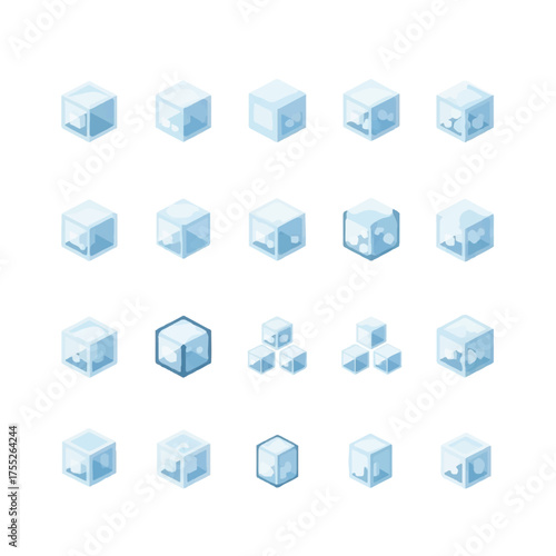 Collection of ice cubes in various formations glistens on a white surface, representing refreshment and coolness in a clean, modern style.