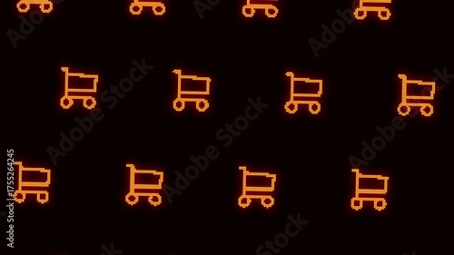 Digital retro animated video with yellow shopping carts on a black background with camera movements