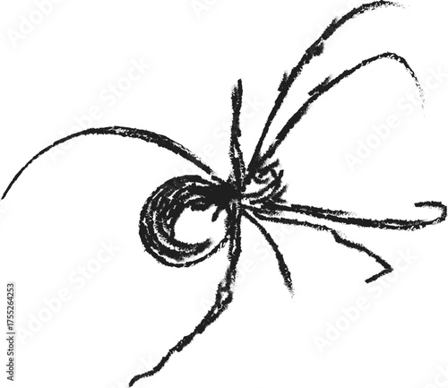 Abstract charcoal drawing of a spider with long spindly legs and a rounded body on a white background
