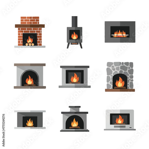 Various fireplaces displaying burning flames in cozy homes offering warmth and comfort during cold winter season.
