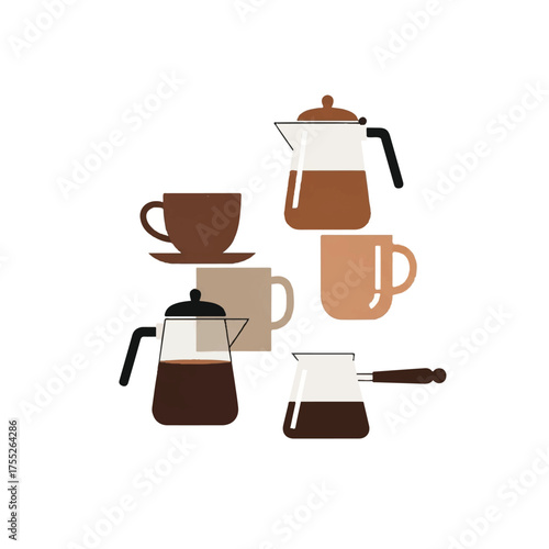 Coffee pots and cups arranged on white surface create a warm and inviting atmosphere for a relaxing morning coffee break.