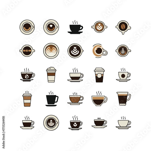 Various coffee cups and mugs display different types of coffee drinks on a white surface, showcasing a collection of beverage options in a simple, clean style.