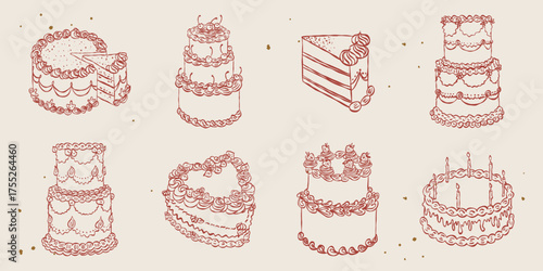 Whimsical vintage cake set. Minimalist style outline ink elegant elements. Trendy coquette line food. Hand drawn scribble isolated vector illustration. Old party birthday anniversary, wedding design