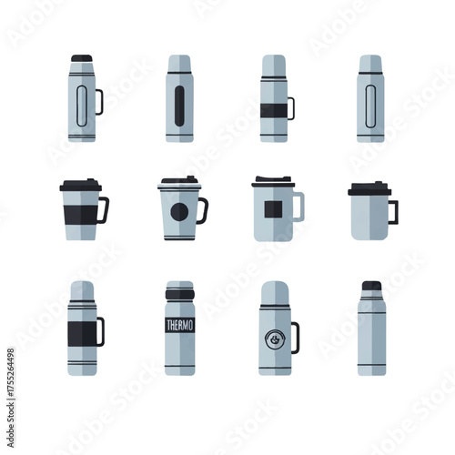 Collection of various insulated beverage containers arranged on a white surface representing different styles and uses for keeping drinks hot or cold.