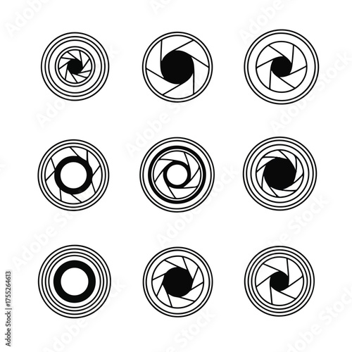 Aperture shapes arranged in a grid pattern representing camera lens settings for photography and videography with a minimalist and technical aesthetic.