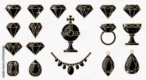 Collection of various black gemstones, including diamonds, a crown, and jewelry.