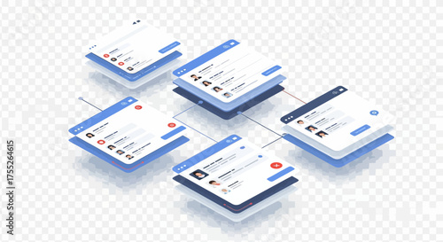 Isometric network of connected user interface windows with profile icons.