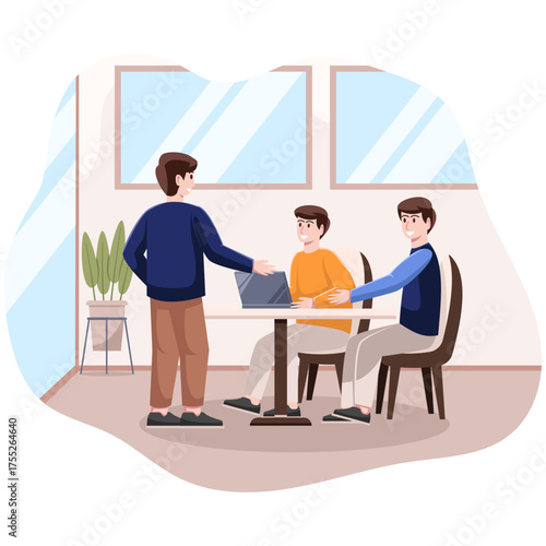 Meeting Between Business Teams in the Office with Discussion Using Laptop