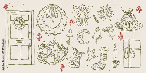 Whimsical vintage Christmas set. Hand drawn minimal line scribble style with ink chalk texture. Retro outline elements: wreath, candles, angels, door, moon, bell, pudding, stocking, gift box, calendar