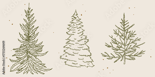 Whimsical Christmas tree set. Hand drawn minimal line and scribble style with vintage ink texture and retro charm. Outline festive elements with chalk and crayon touch. Isolated vector illustration.