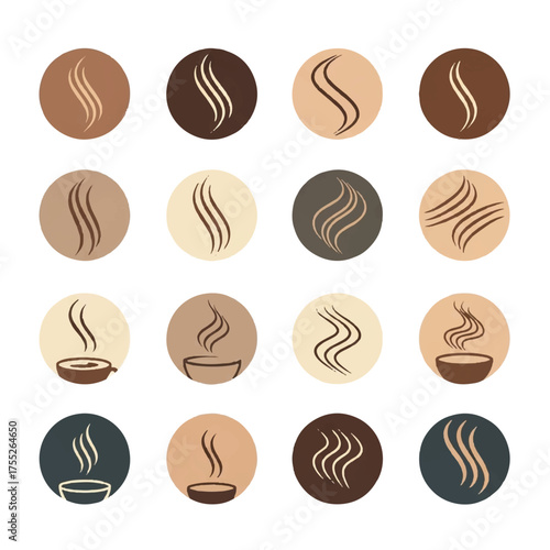 Aromatic steam rising from food and beverages in a variety of circular badges, representing warmth and flavor, creating a cozy atmosphere.