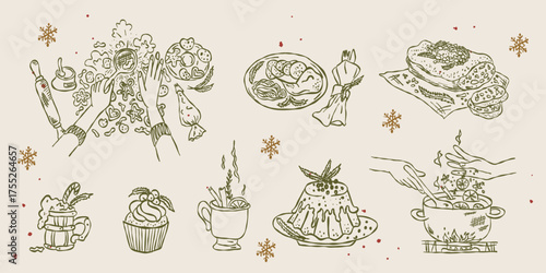 Whimsical vintage Christmas food and drinks set. Hand drawn minimal line art with ink, chalk texture. Retro festive outline cooking cookies, mulled wine, dinner, pudding, cake, holiday treats isolated
