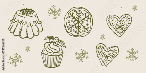 Whimsical Christmas dessert set. Hand drawn minimal line scribble style vintage ink texture. Retro cake, cupcake, heart gingerbread cookies with snowflake decor. Chalk, crayon touch outline vector art